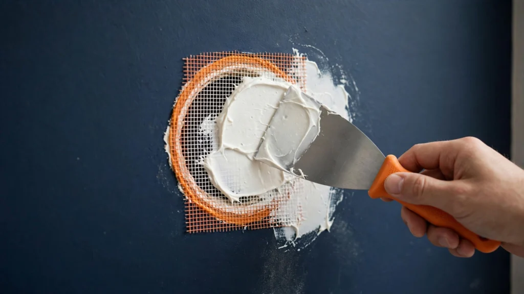 How to repair drywall holes: hand spreading joint compound over a mesh patch with a putty knife
